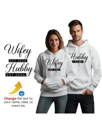 Customised Hubby Wifey With Custom Year Newly Weds Couple Printed Adult Unisex Pullover Hoodie